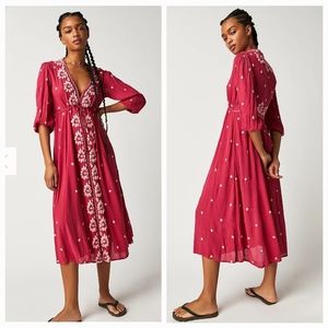 Free People Crimson Embroidered V‑Neck Midi Dress